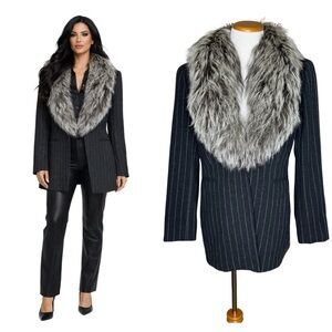 Pianoforte di MaxMara Fur Collar Blazer Size US 8 Gray Pinstripe Wool Cashmere